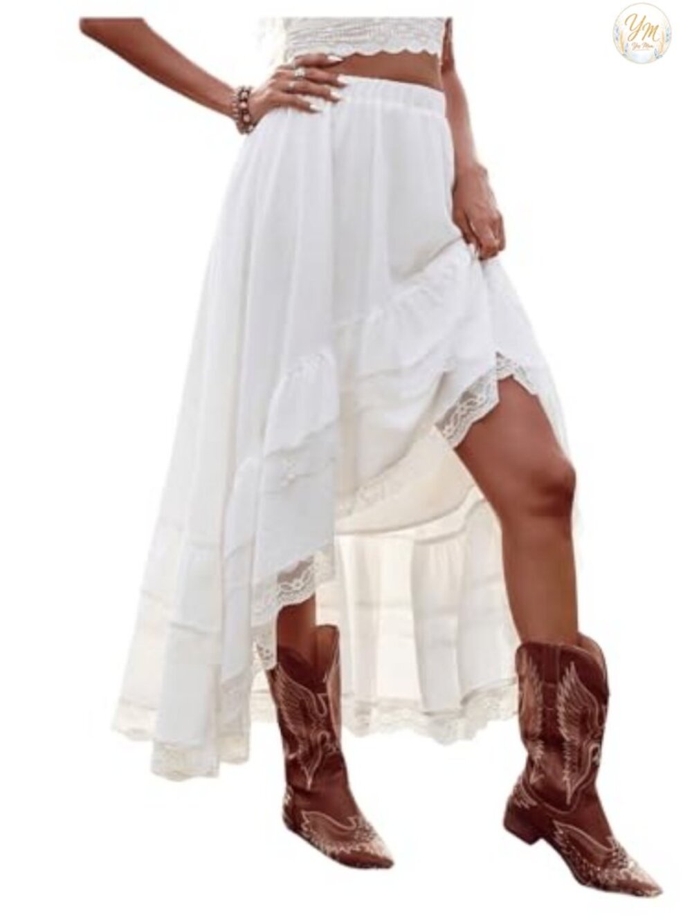 Boho High Low Asymmetrical Lace Ruffle Hem Maxi Skirt